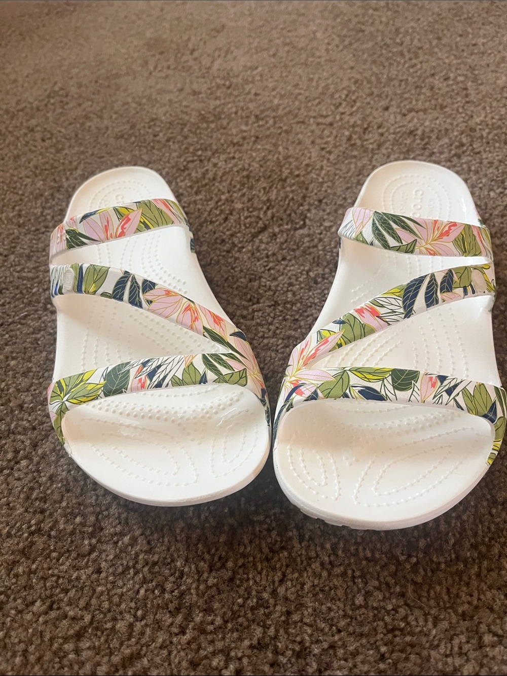 CROCS White Slides with Tropical Leaf & Pink Floral Straps